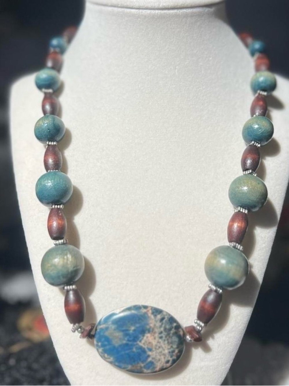 Handcrafted Brown and Blue Stone Bead Necklace by